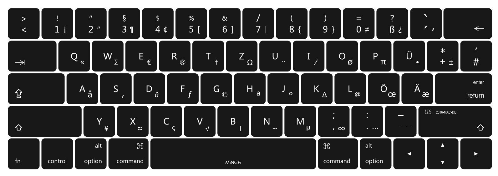 MiNGFi German QWERTZ Silicone Keyboard Cover for MacBook Pro 13/15" Touch Bar (2016-2019) Model A1706 A1707 A1989 A1990 A2159 US keyboard layout - Black